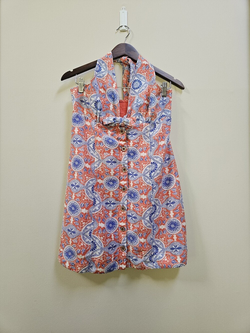 Maeve by Anthropologie Linen Blend Halter Bow Tie Tank Top Coral Blue Print Sz S